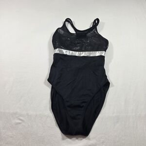 Beach Cabana Halter Black One-Piece Swimsuit with Silver Waist Accent High Leg